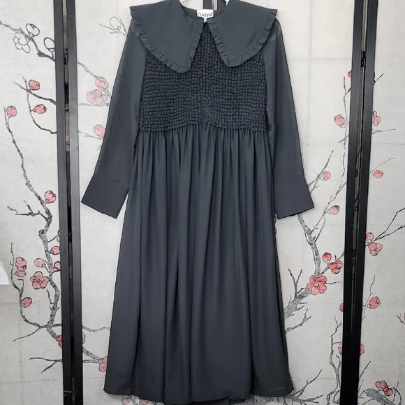 GANNI Ruffled-Collar Smocked Chiffon Dress Size 32 Or Size 0 - Picture 3 of 16